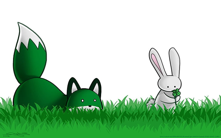 Fox Love Rabbit, Fox, fox, grass, shamrock Free HD Wallpaper