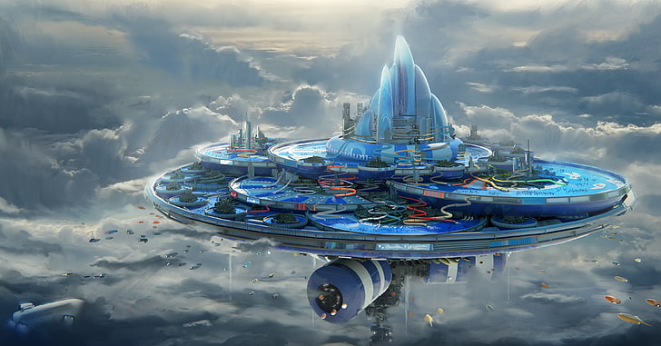 Futuristic Water City, architecture, digital composite, transportation, clouds Free HD Wallpaper