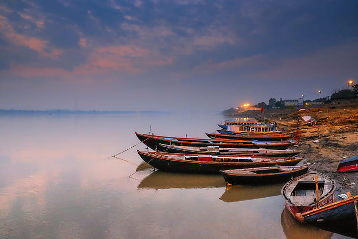 Ganges, beach, india, river, sun rise Free HD Wallpaper