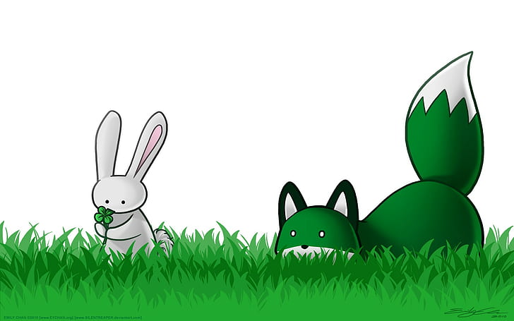 Green Fox, shamrock, rabbits, fox, stupid fox Free HD Wallpaper