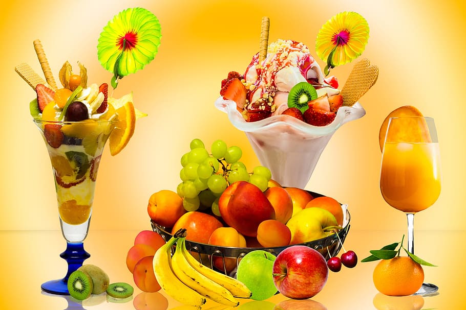 Happy Kid Eating Ice Cream, peach, orange juice, fruit bowl, orange  fruit