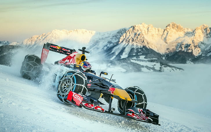 Red Bull RB5, snowcapped mountain, transportation, outdoors, beauty in nature Free HD Wallpaper