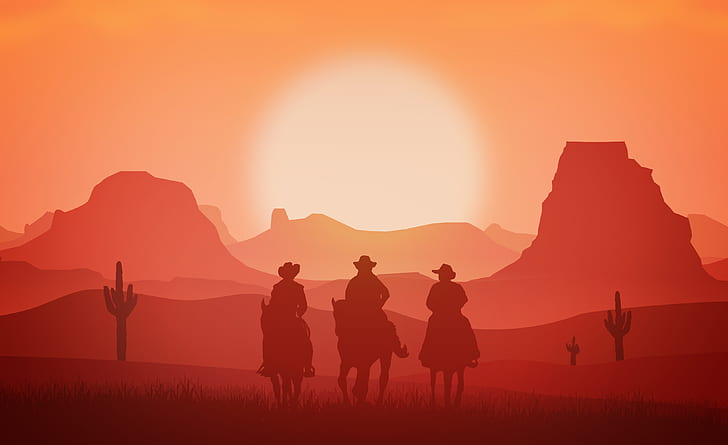 Western Sunset Painting, wild west, sunset, western, cowboys Free HD Wallpaper