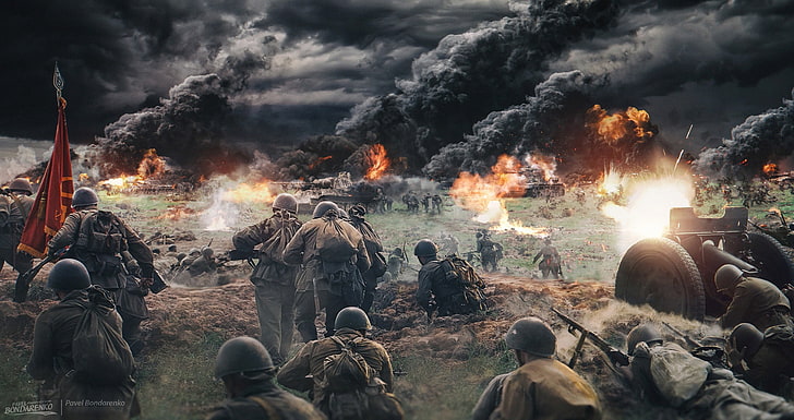 World War 2 Paintings, weapon, crowd, day, military Free HD Wallpaper