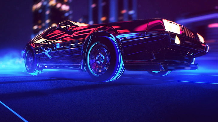 80s Retro Neon Car Dual, sports race, delorean, toy car, sport Free HD Wallpaper