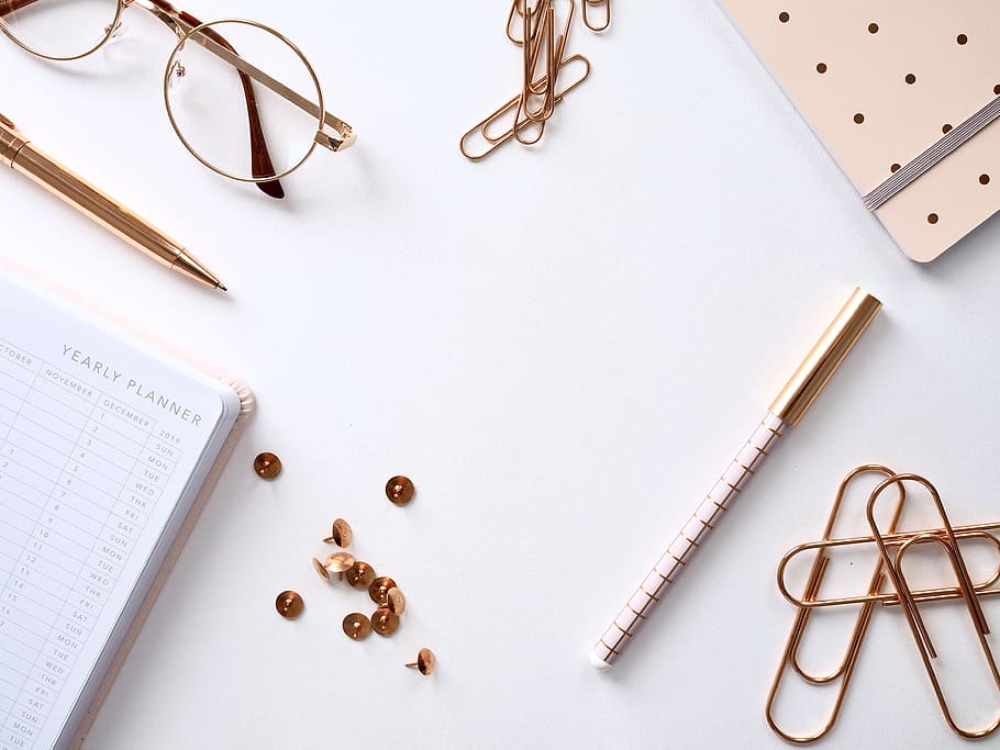 Aesthetic Table Template, writing instrument, education, rose gold, studio shot Free HD Wallpaper