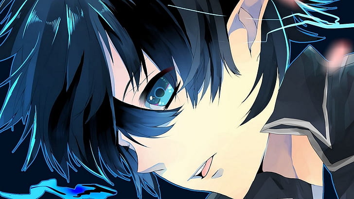 Anime Boy Blue Hair and Eyes, art, Anime, cat, shotacon