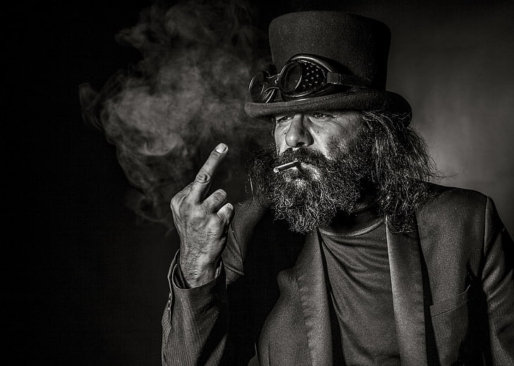 Big Beard Cigar, smoking issues, bad habit, clothing, black and white Free HD Wallpaper