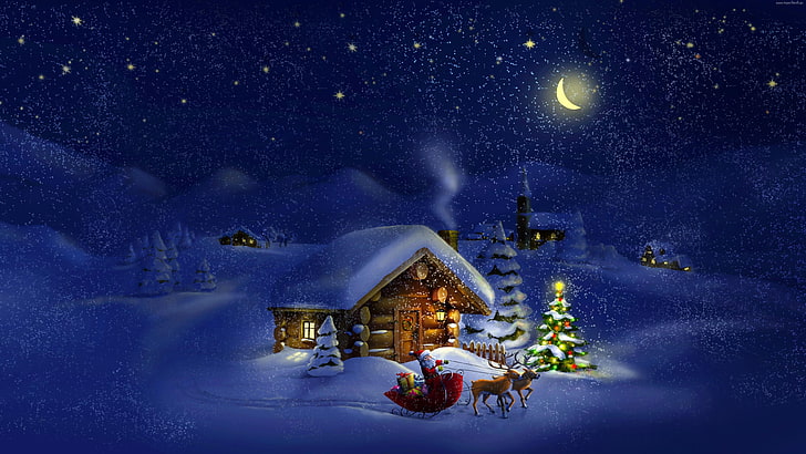 Christmas Night Snow, celebration, tree, illuminated, milky way Free HD Wallpaper