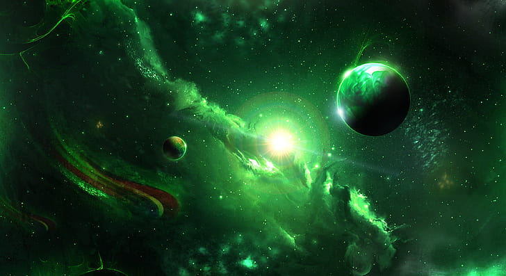 Elegant Black White, nebula, sci fi, planet, green Free HD Wallpaper