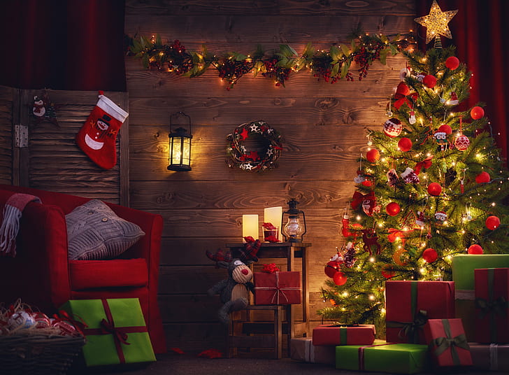 Elf Santa's Workshop, christmas decoration, xmas tree, gifts Free HD Wallpaper