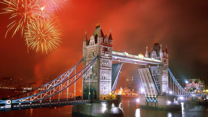 fireworks, london, tower bridge, cityscapes Free HD Wallpaper