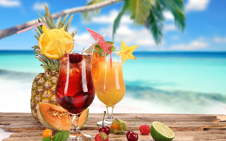 Fruit Cocktail Cake, beach, no people, refreshment, table Free HD Wallpaper