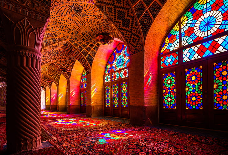 Iranian Mosque, islamic architecture, stained glass, mosque, column Free HD Wallpaper