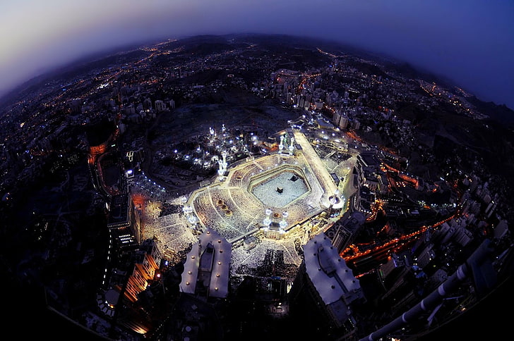 Kaaba Makkah, space, aerial view, earth, night Free HD Wallpaper