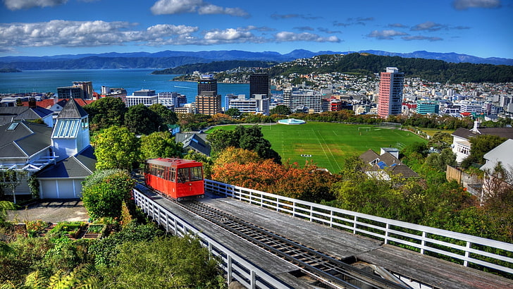 New Zealand Cities, train  vehicle, plant, soccer field, grass Free HD Wallpaper