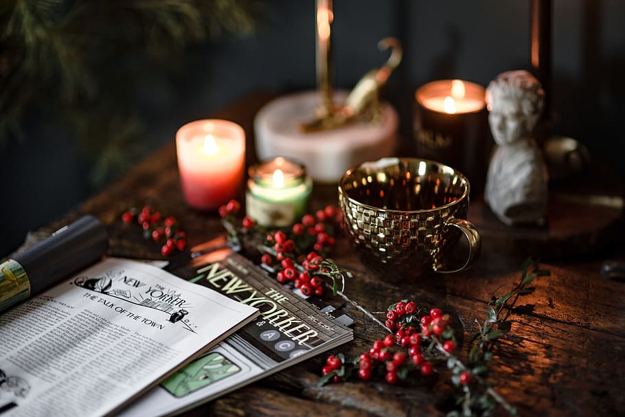 plant, candle, gold cup, candles