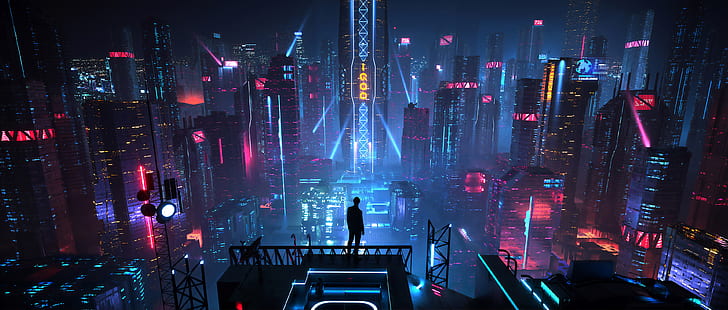 Retro Neon City, city, sci fi Free HD Wallpaper