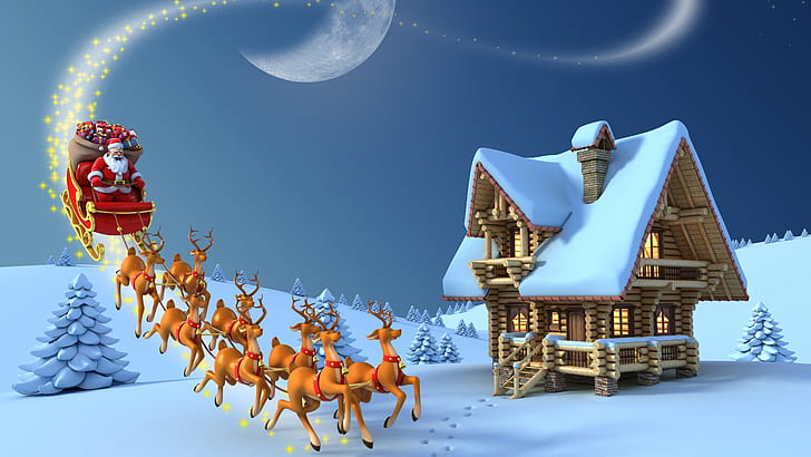 Santa Claus Reindeer Rudolph, christmas night, sleigh, xmas, illustration Free HD Wallpaper