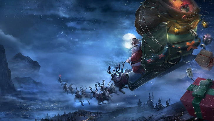 Santa Claus Reindeer Sleigh Flying, winter, xmas, santa claus, celebration Free HD Wallpaper