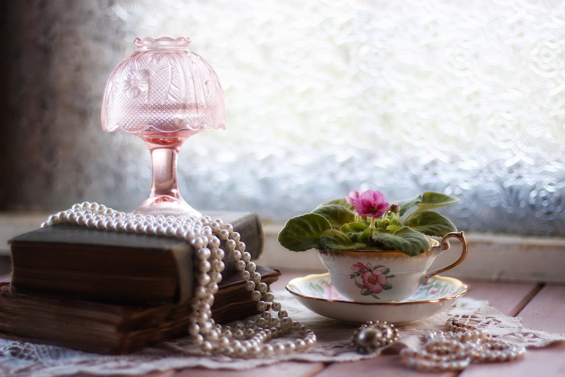 Still Life Teacup, tea cup, beads, vintage, saintpaulia