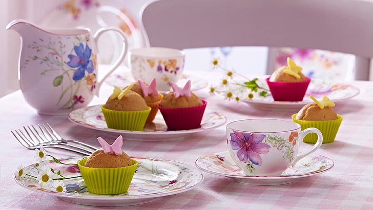 Tea Party Cupcakes, tea cup, morning, pastry, crockery Free HD Wallpaper