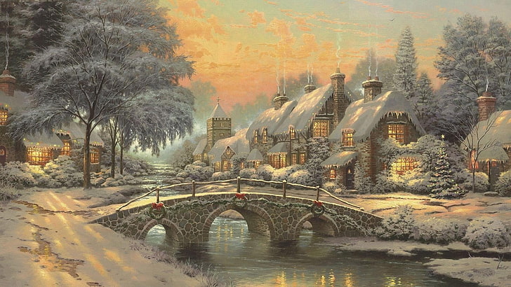 Thomas Kinkade Santa, bridge  man made structure, tree, day, arch bridge Free HD Wallpaper