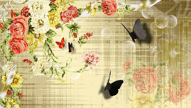 Vintage Floral Designs, butterflies, gold, vines, vintage Free HD Wallpaper