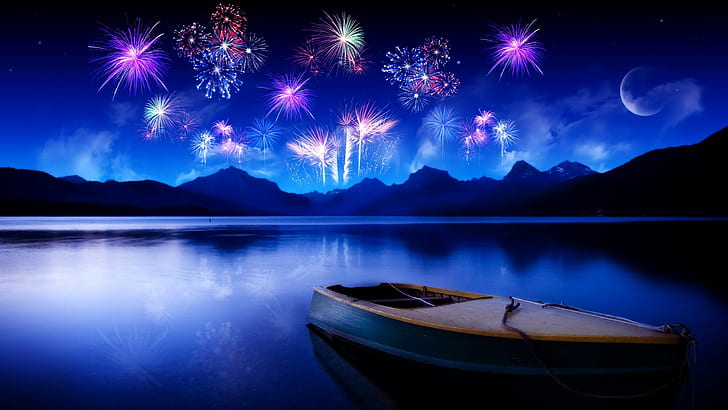 Windows 10, blue lake, fireworks, blue, lake Free HD Wallpaper