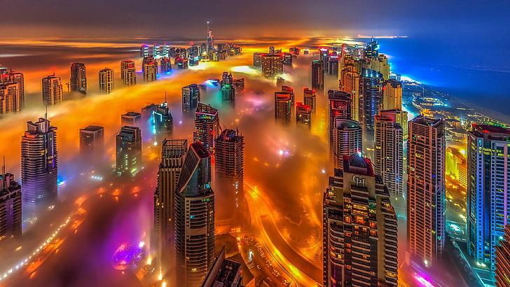 Animated Dubai, light, skyline, night, tourist attraction Free HD Wallpaper