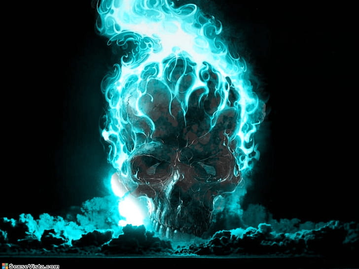 Awesome Skulls, fantasy, its so cool, art, blue flames Free HD Wallpaper