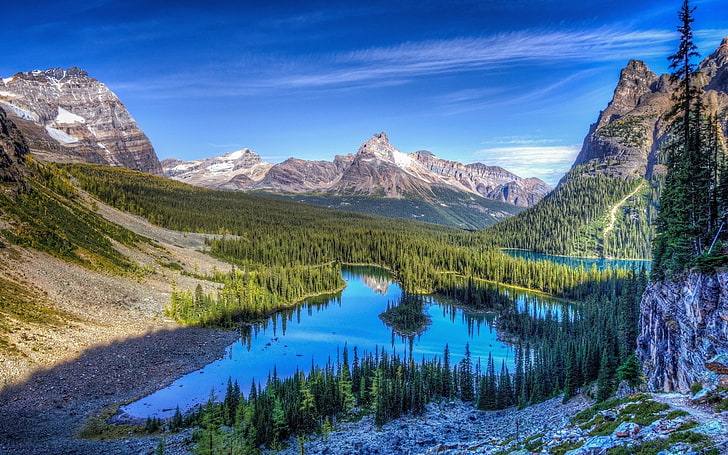 Banff National Park, snowcapped mountain, green color, cloud  sky, reflection Free HD Wallpaper