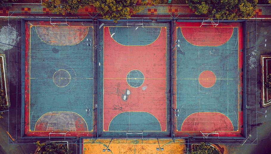 Basketball Court Aerial View, communication, old, court, weathered Free HD Wallpaper