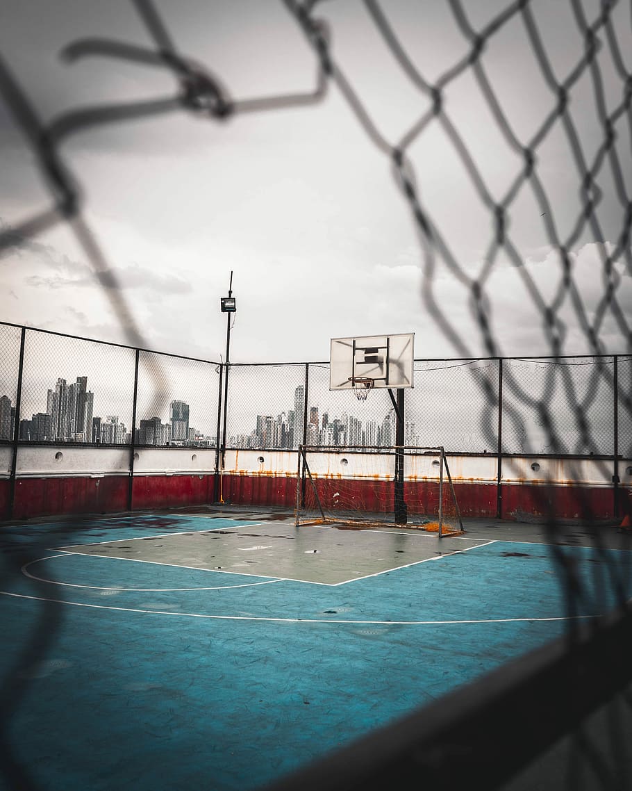 Basketball Ground, chain, net  sports equipment, concrete, water