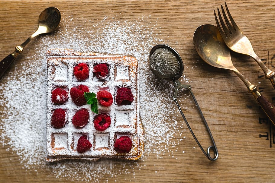 Belgian Waffles with Strawberries, healthy, temptation, sweet food, eating utensil