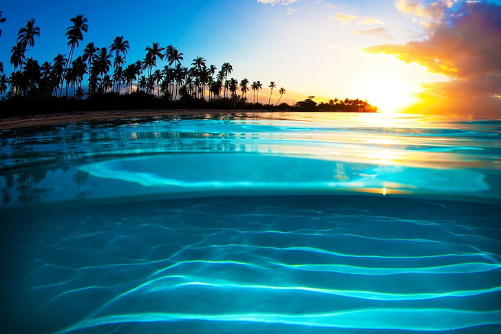 Blue Tropical Ocean Sunset, tranquility, tranquil scene, clouds, tropical Free HD Wallpaper