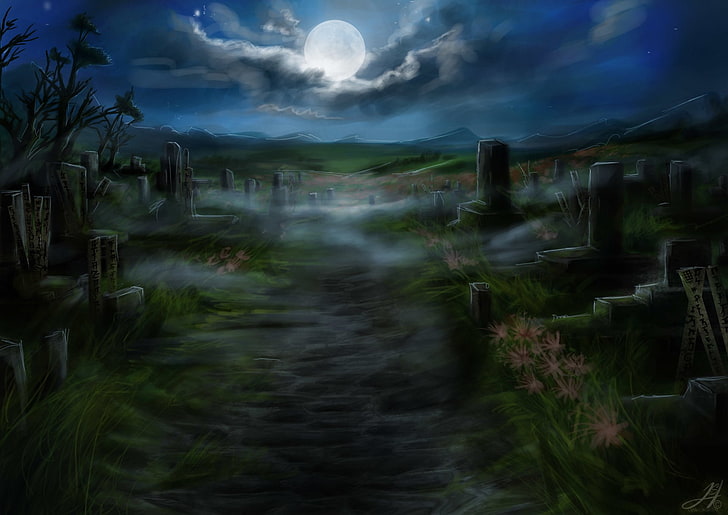 Cemetery Creepy Graveyard Dark, tombstone, night, dark, moon Free HD Wallpaper