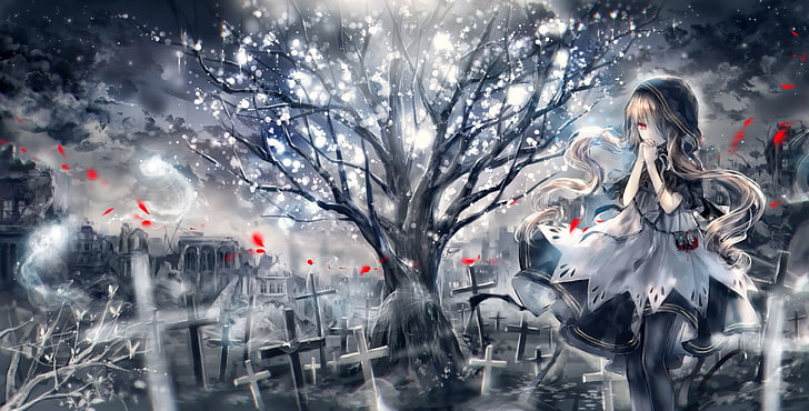 Christmas Eve, red eyes, blonde, night, graveyard Free HD Wallpaper