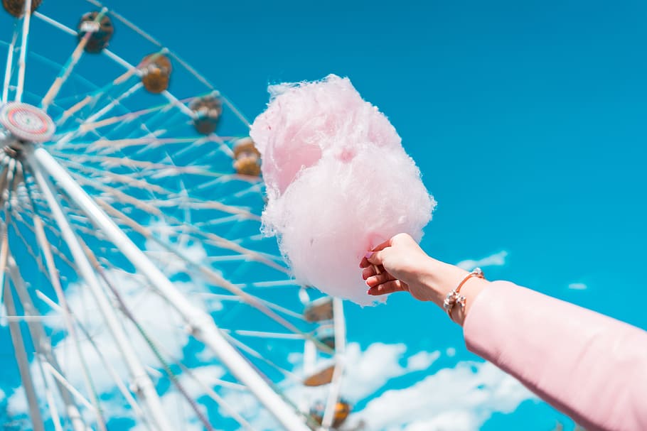 Cotton Candy Aesthetic, funfair, pink color, focus on foreground, summer