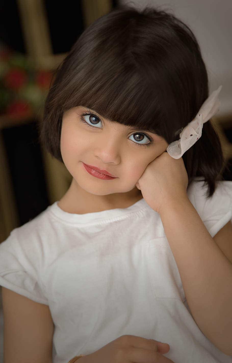 Cute Child Drawing, front view, indoors, hairstyle, beauty