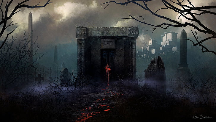 dark, graveyard, cemetery, fog Free HD Wallpaper