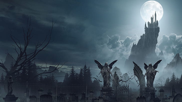 Dracula Castle Inside, fantasy art, artwork, moon, night sky Free HD Wallpaper