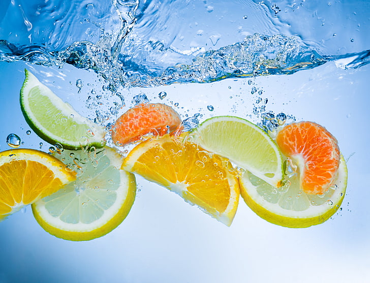 Glass of Water with Fruit, wet, blue, cross section, lime Free HD Wallpaper