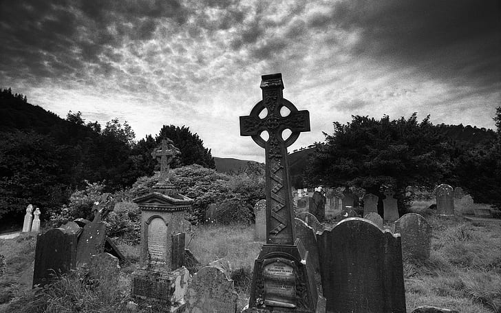Gravestone, monochrome, graves, graveyards, cross Free HD Wallpaper