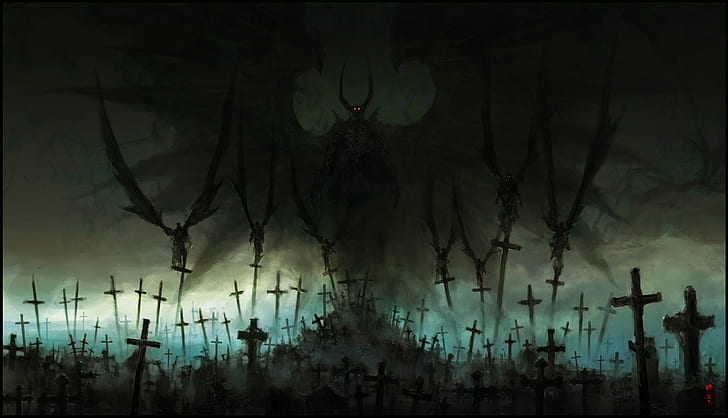 graveyard, demon, cross, dark Free HD Wallpaper