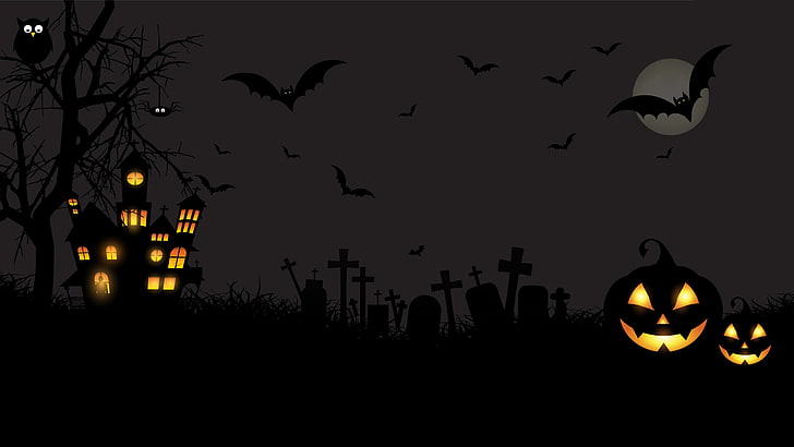 Graveyard Night, animals in the wild, castle, halloween, night Free HD Wallpaper