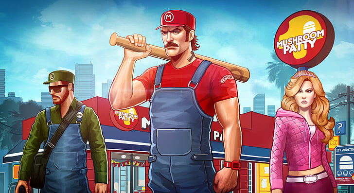 GTA Mario, baseball bats, super mario, males, sky Free HD Wallpaper