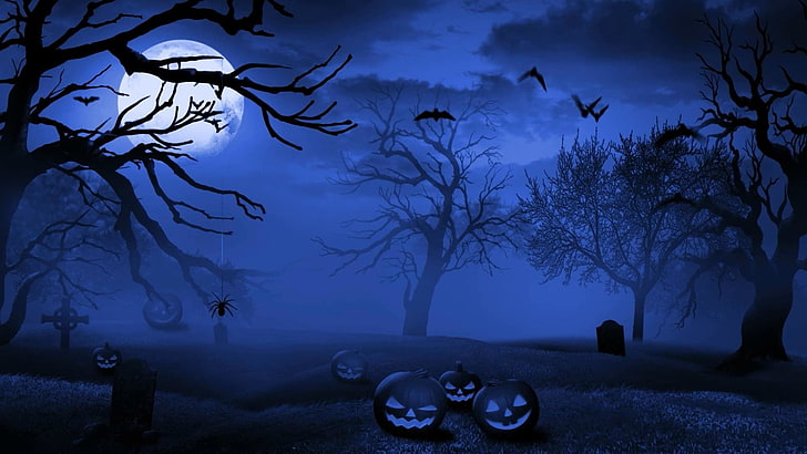 Halloween House, moon, blue, jackolantern, night Free HD Wallpaper