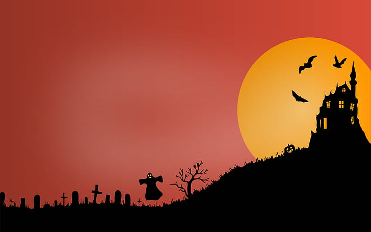 Halloween Town Silhouette, graveyard, haunted castle, scary, ghost Free HD Wallpaper