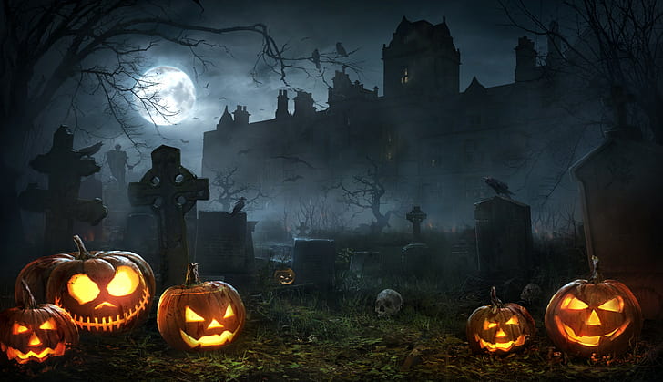 jackolantern, night, cemetery, graveyard Free HD Wallpaper